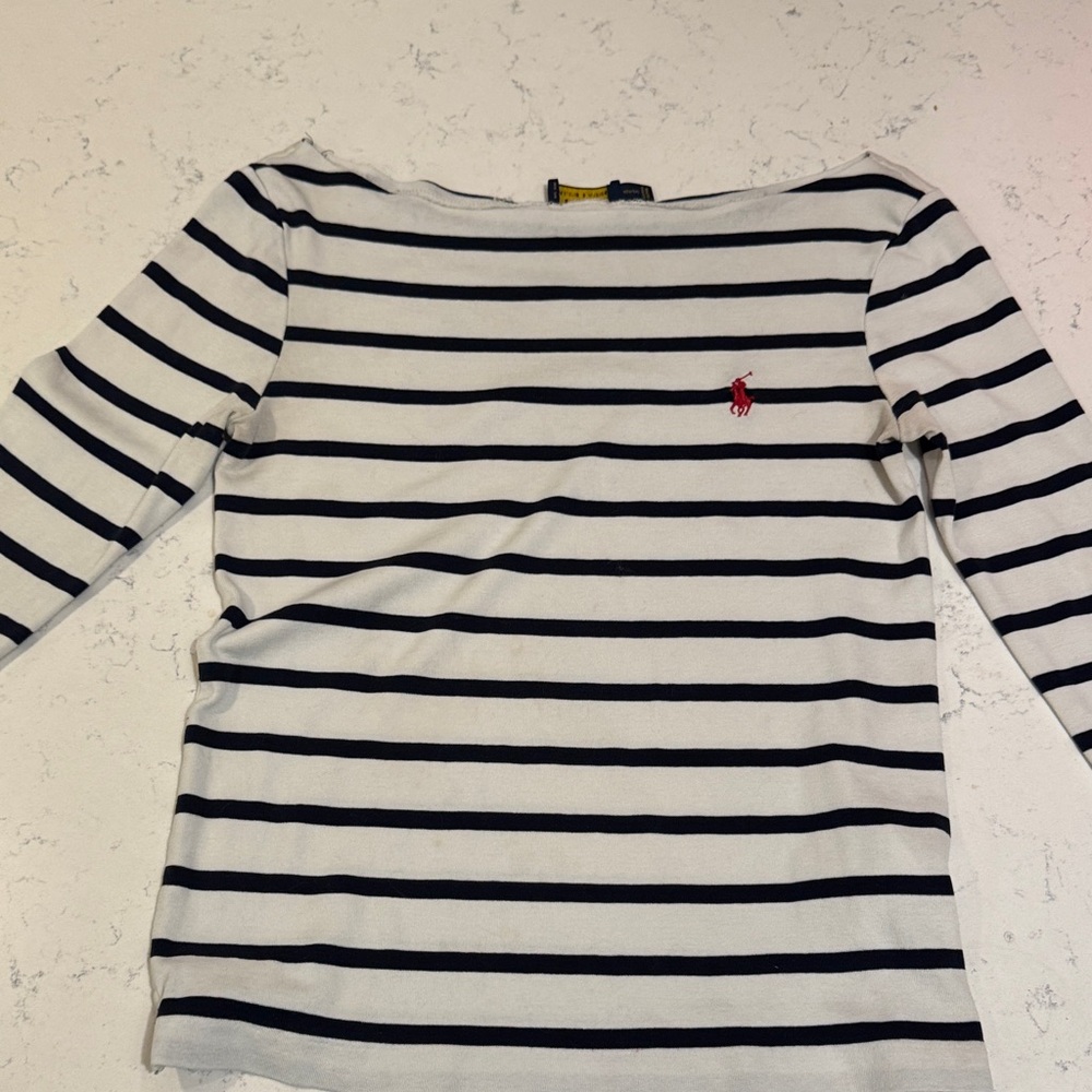 Ralph Lauren Women's Blue and White Striped Blouse